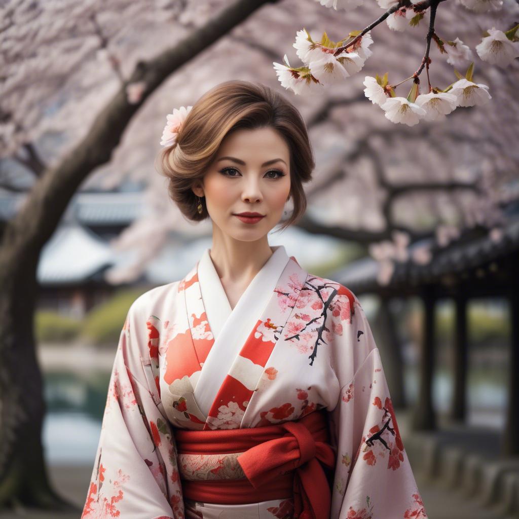 A stunning image of charming lady in a floral kimono under cherry blossoms.