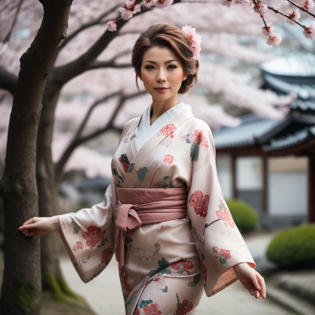 A stunning image of charming lady in a floral kimono under cherry blossoms.