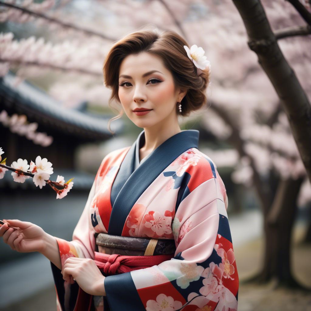 A stunning image of charming lady in a floral kimono under cherry blossoms.