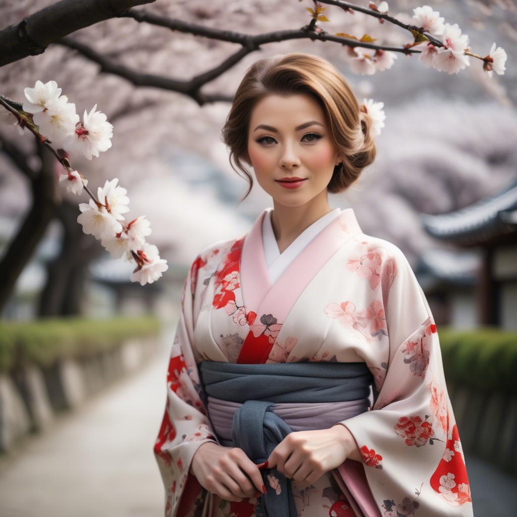 A stunning image of charming lady in a floral kimono under cherry blossoms.