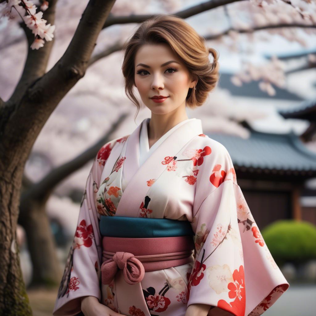 A stunning image of charming lady in a floral kimono under cherry blossoms.