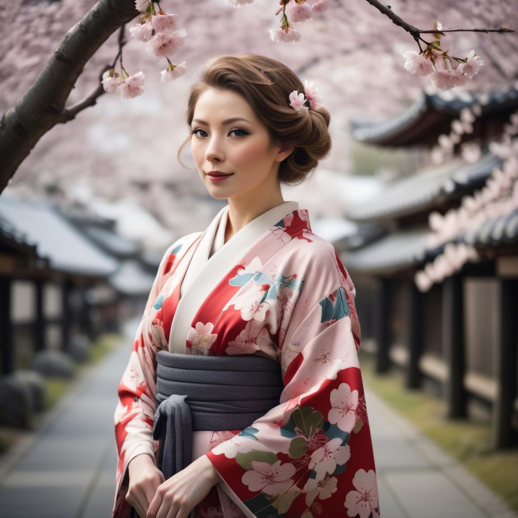 A stunning image of charming lady in a floral kimono under cherry blossoms.