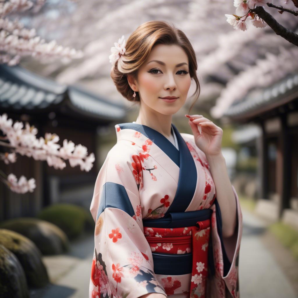 A stunning image of charming lady in a floral kimono under cherry blossoms.
