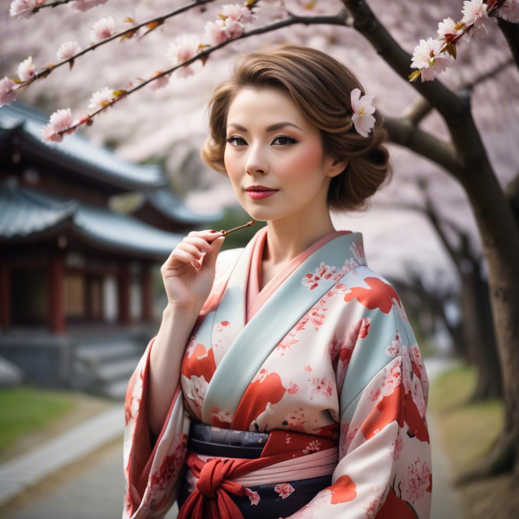 A stunning image of charming lady in a floral kimono under cherry blossoms.