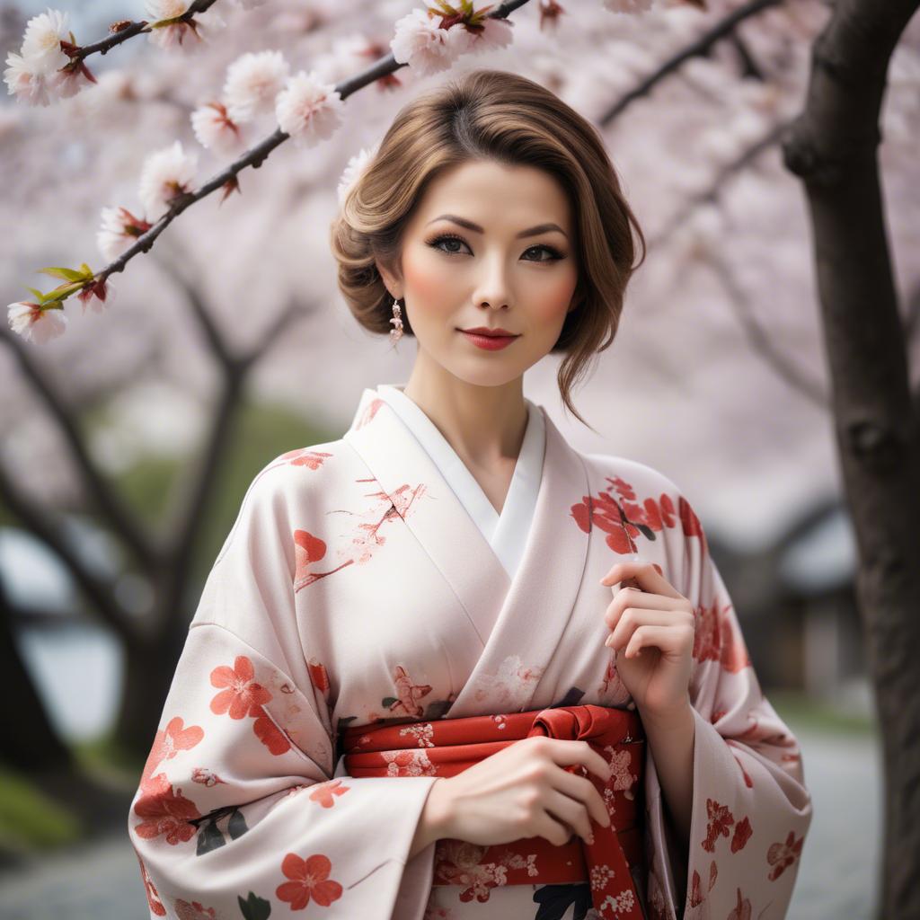 A stunning image of charming lady in a floral kimono under cherry blossoms.
