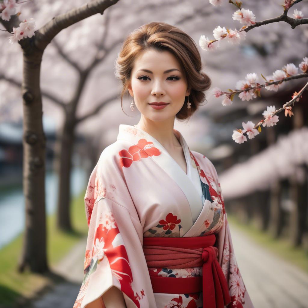 A stunning image of charming lady in a floral kimono under cherry blossoms.