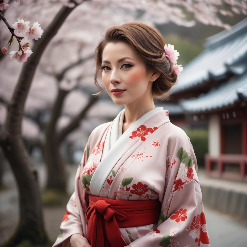 A stunning image of charming lady in a floral kimono under cherry blossoms.