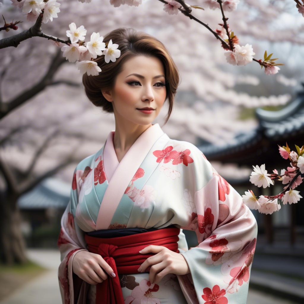 A stunning image of charming lady in a floral kimono under cherry blossoms.