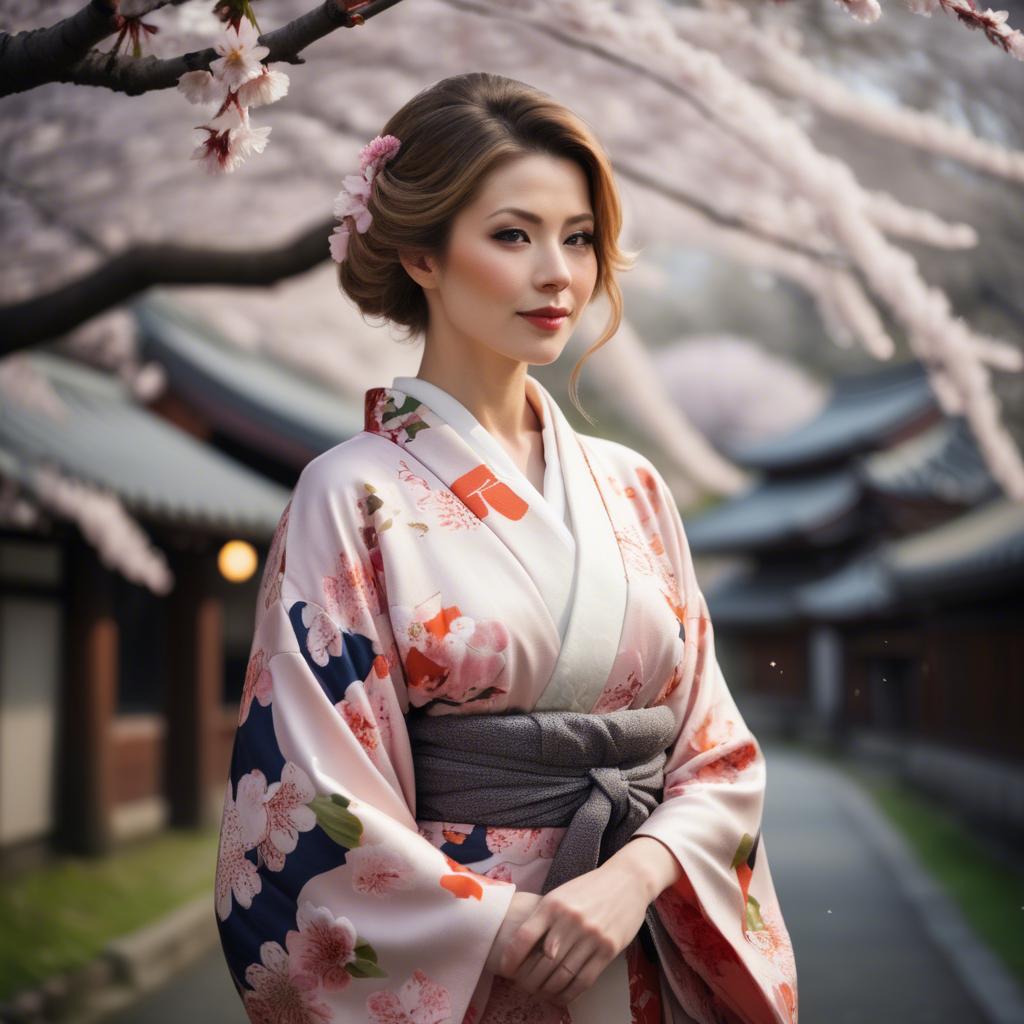 A stunning image of charming lady in a floral kimono under cherry blossoms.