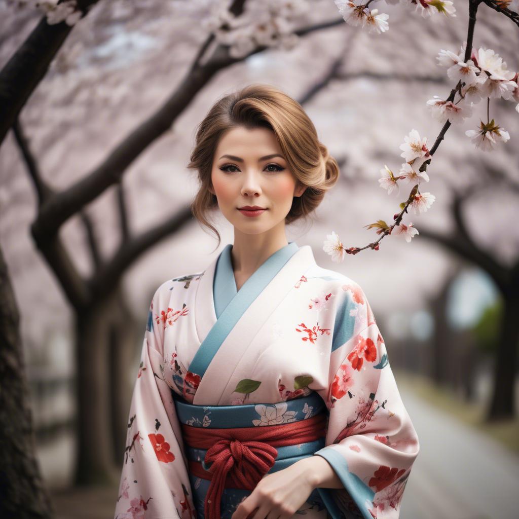 A stunning image of charming lady in a floral kimono under cherry blossoms.