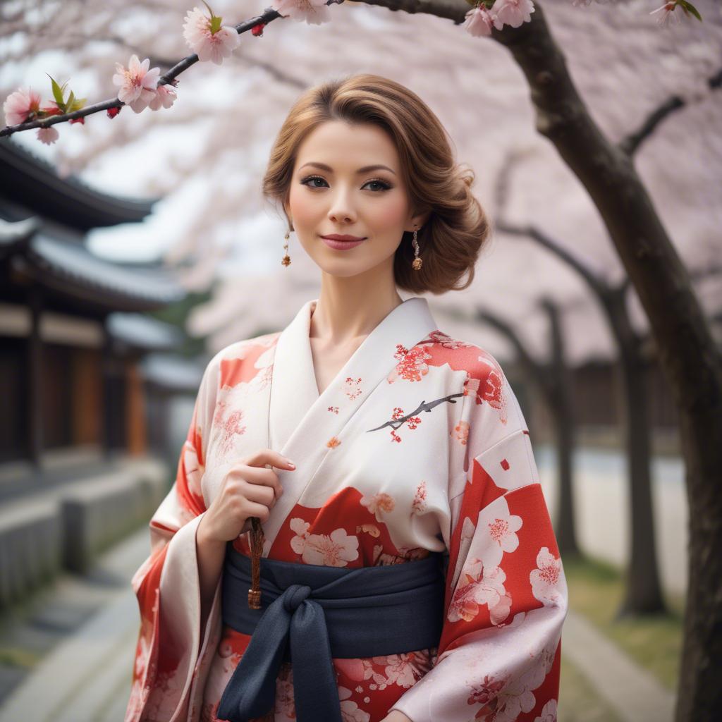 A stunning image of charming lady in a floral kimono under cherry blossoms.