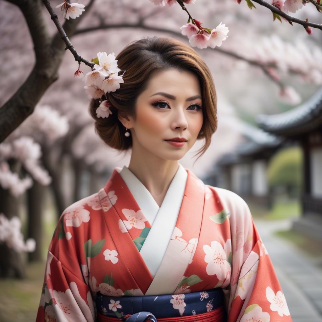 A stunning image of charming lady in a floral kimono under cherry blossoms.