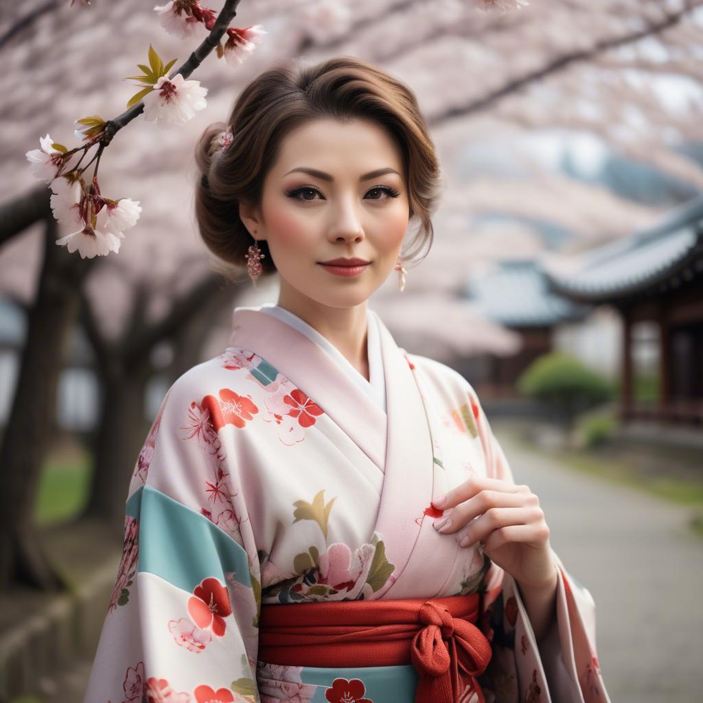 A stunning image of charming lady in a floral kimono under cherry blossoms.