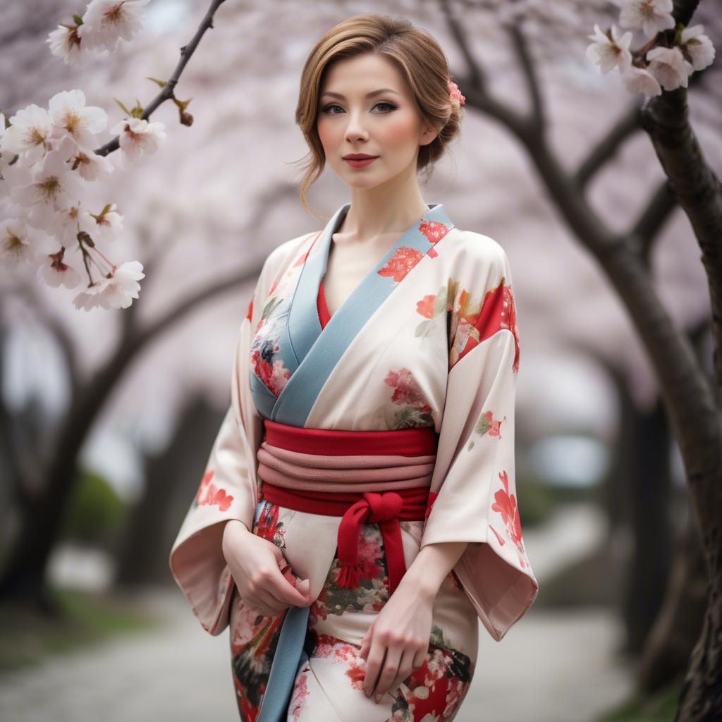 A stunning image of charming lady in a floral kimono under cherry blossoms.