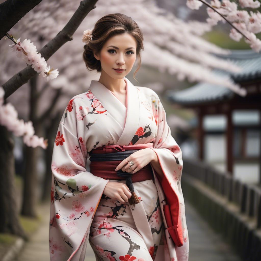 A stunning image of charming lady in a floral kimono under cherry blossoms.