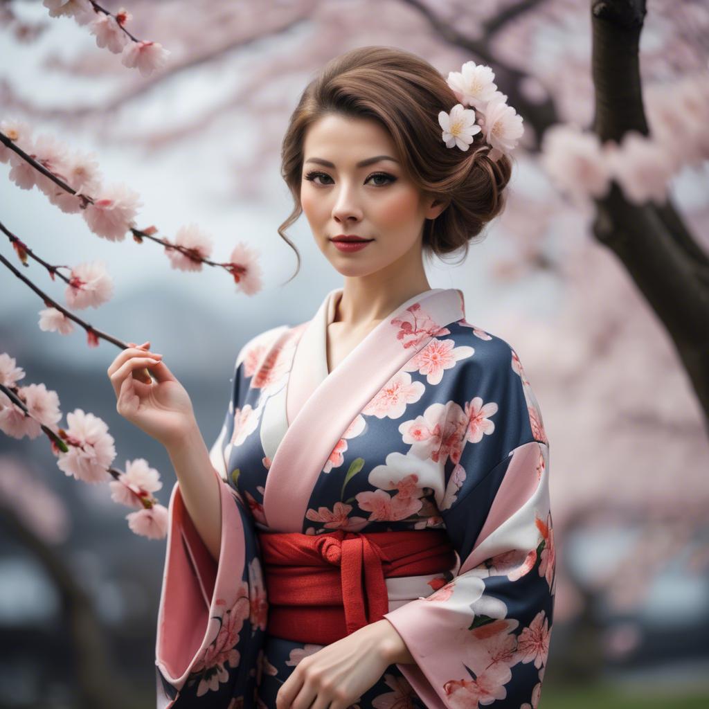 A stunning image of charming lady in a floral kimono under cherry blossoms.