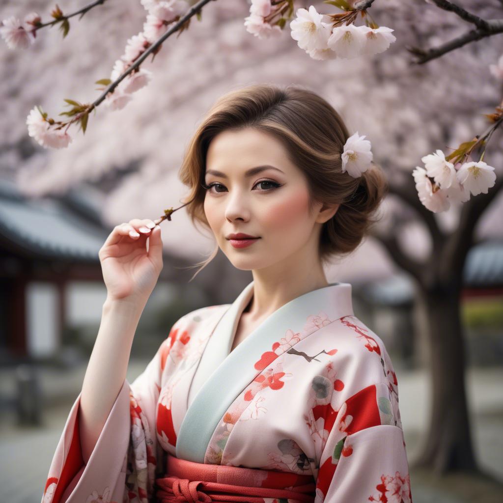 A stunning image of charming lady in a floral kimono under cherry blossoms.