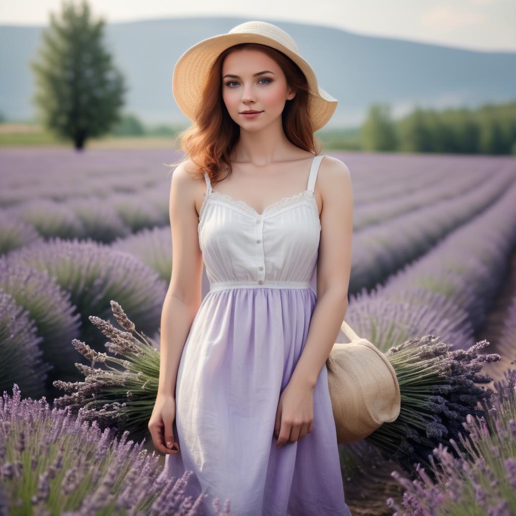 A stunning image of charming lady in a white sundress in a lavender field.