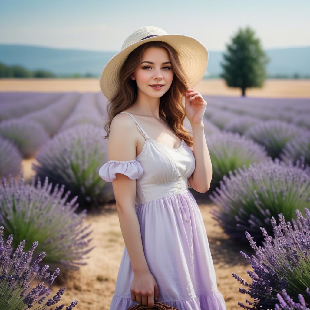 A stunning image of charming lady in a white sundress in a lavender field.