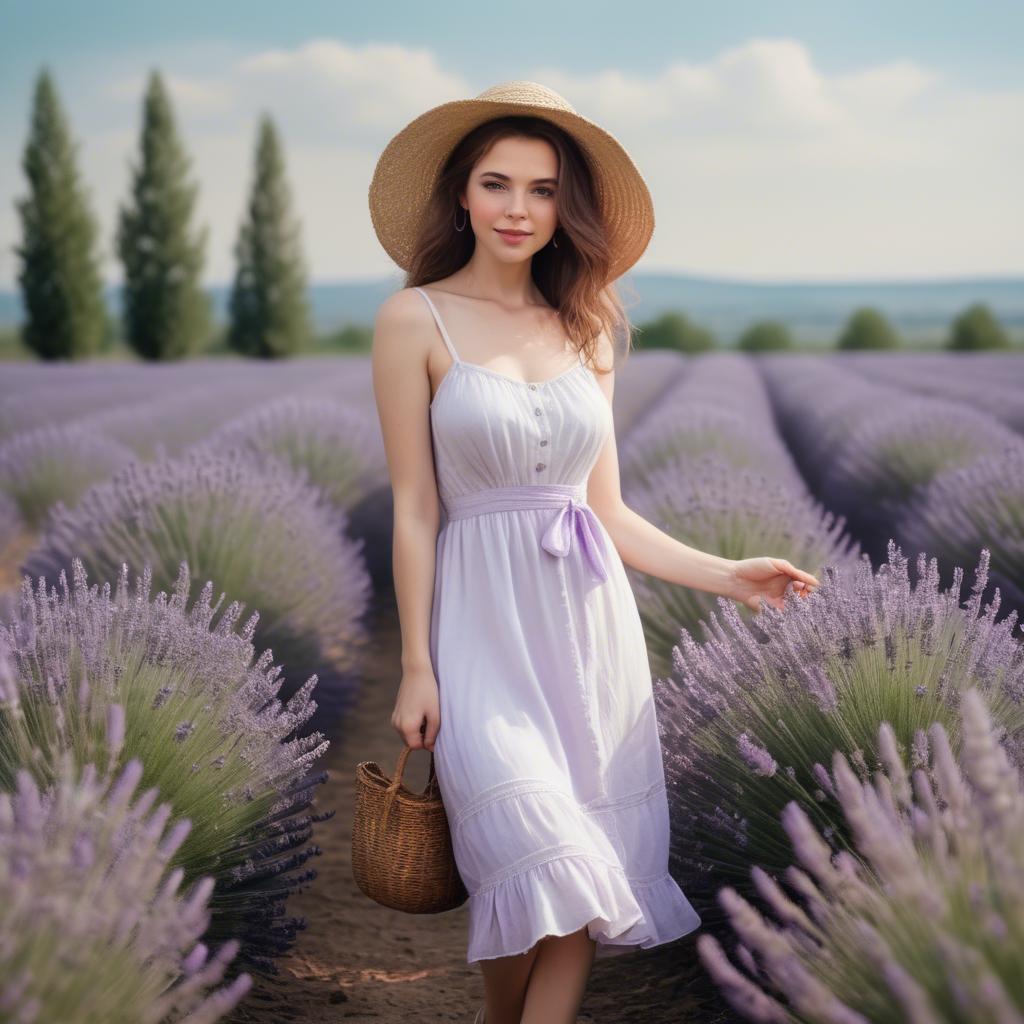 A stunning image of charming lady in a white sundress in a lavender field.