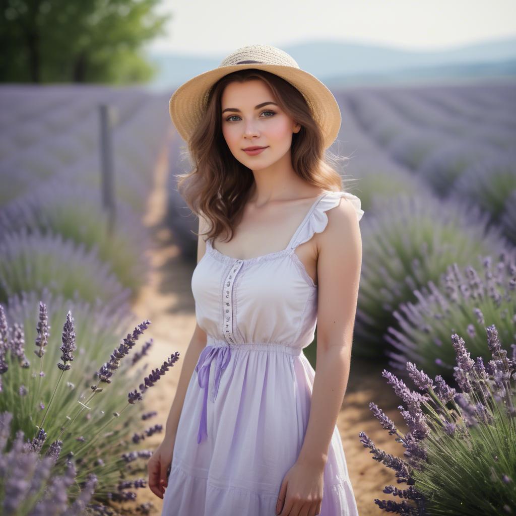 A stunning image of charming lady in a white sundress in a lavender field.