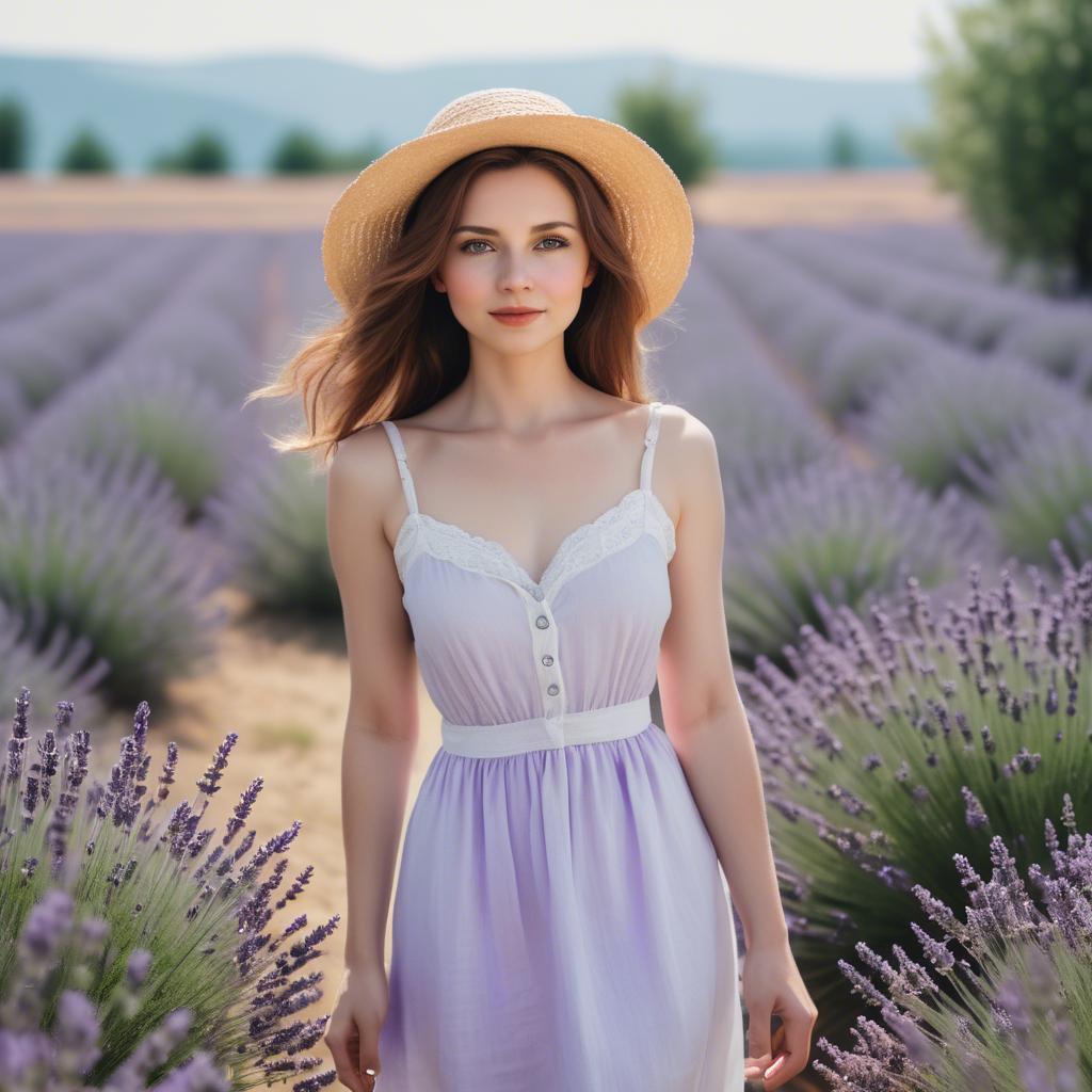 A stunning image of charming lady in a white sundress in a lavender field.