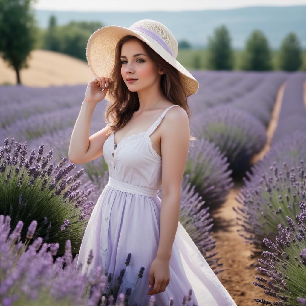A stunning image of charming lady in a white sundress in a lavender field.