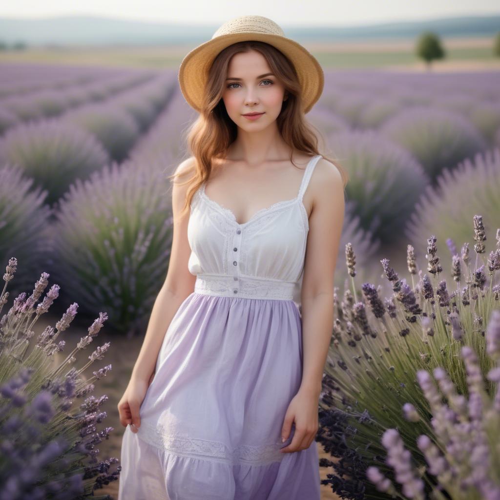 A stunning image of charming lady in a white sundress in a lavender field.