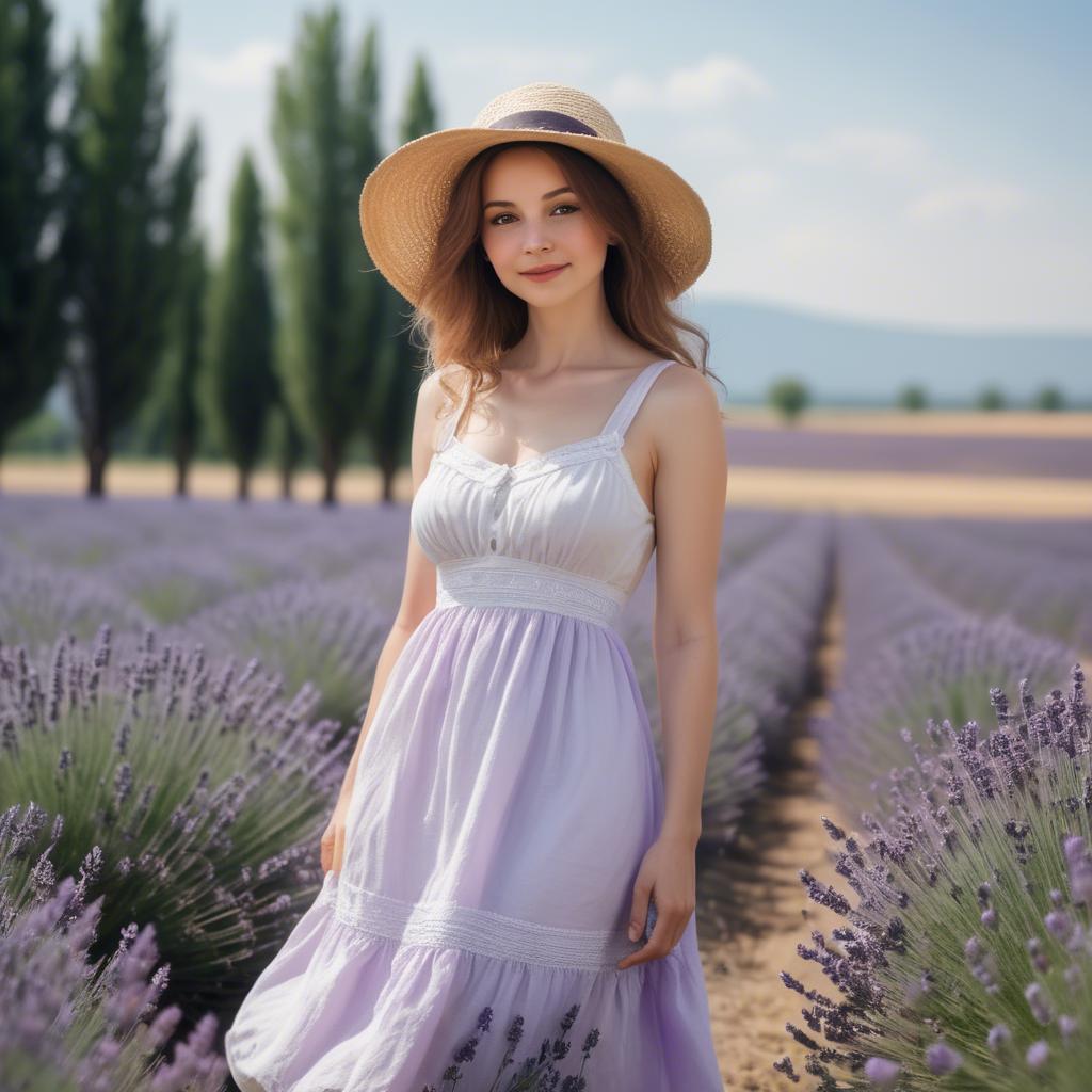 A stunning image of charming lady in a white sundress in a lavender field.
