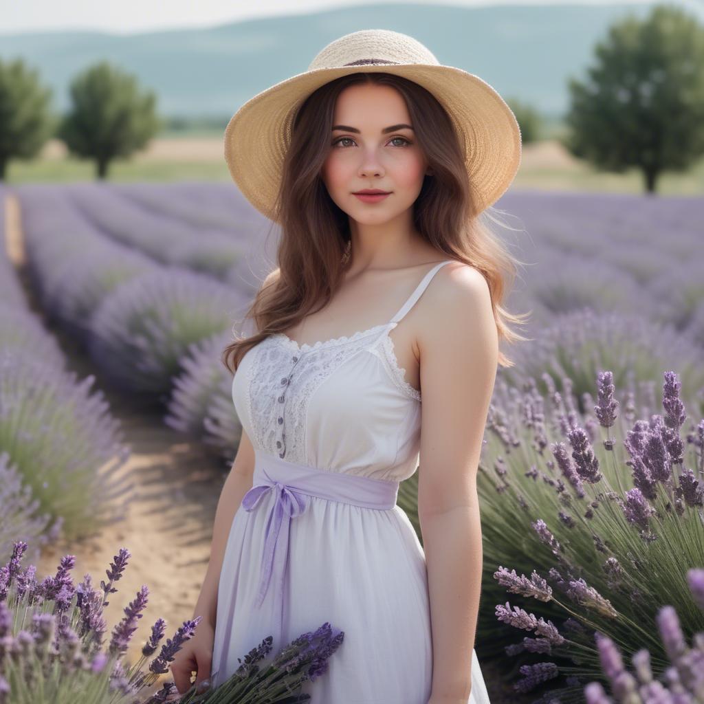 A stunning image of charming lady in a white sundress in a lavender field.