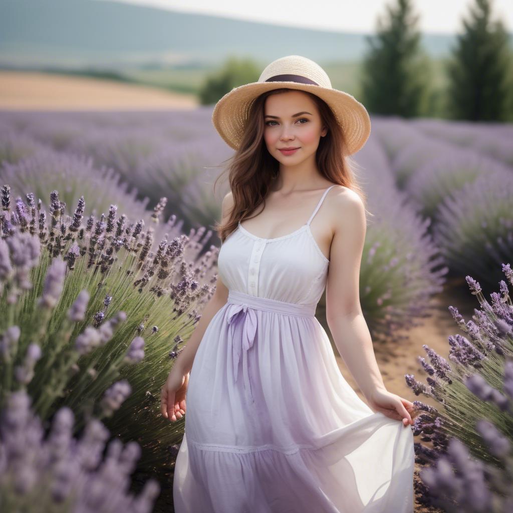 A stunning image of charming lady in a white sundress in a lavender field.