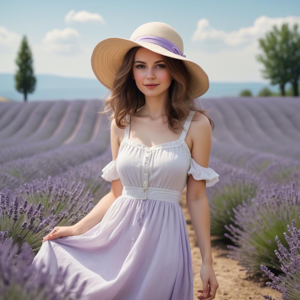 A stunning image of charming lady in a white sundress in a lavender field.