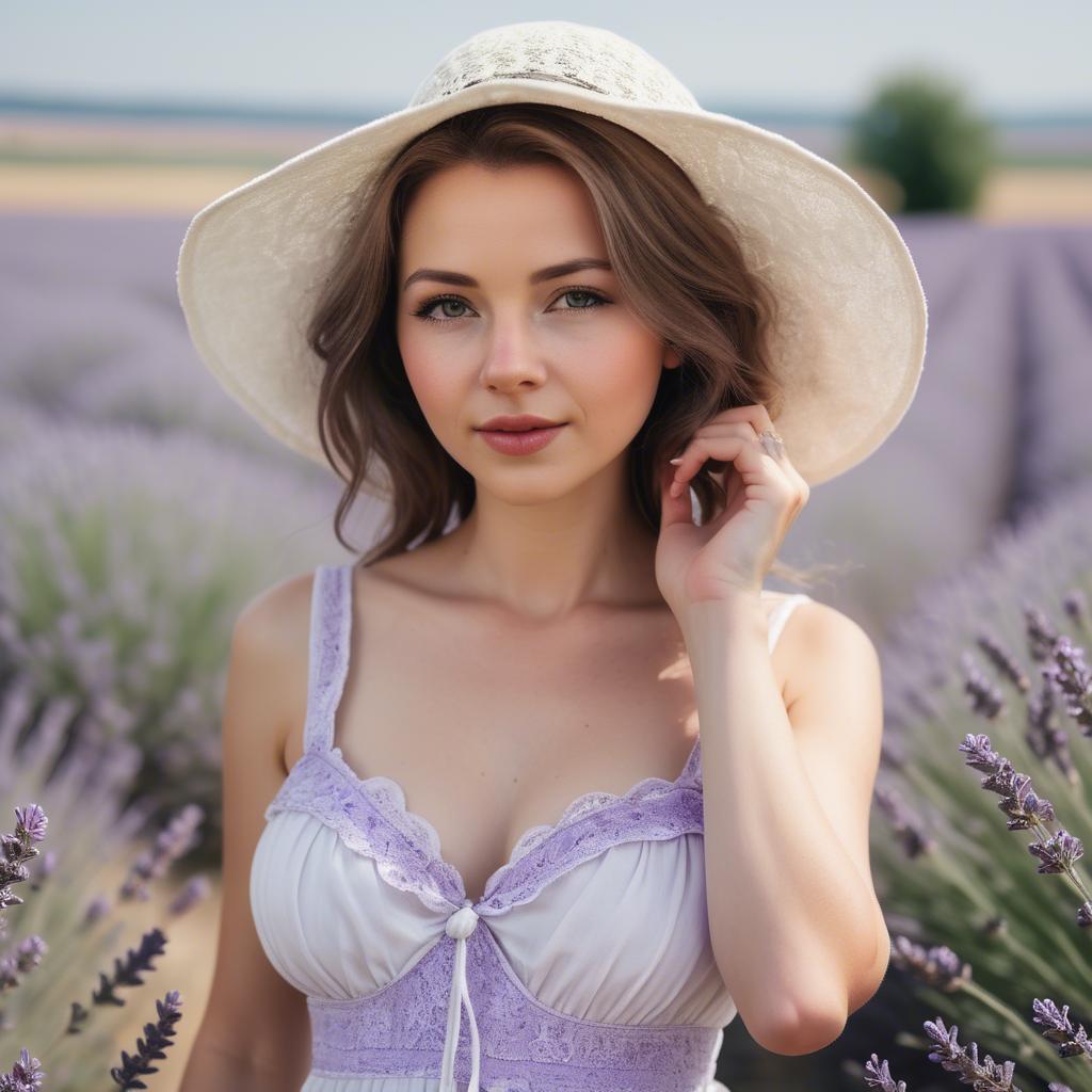 A stunning image of charming lady in a white sundress in a lavender field.
