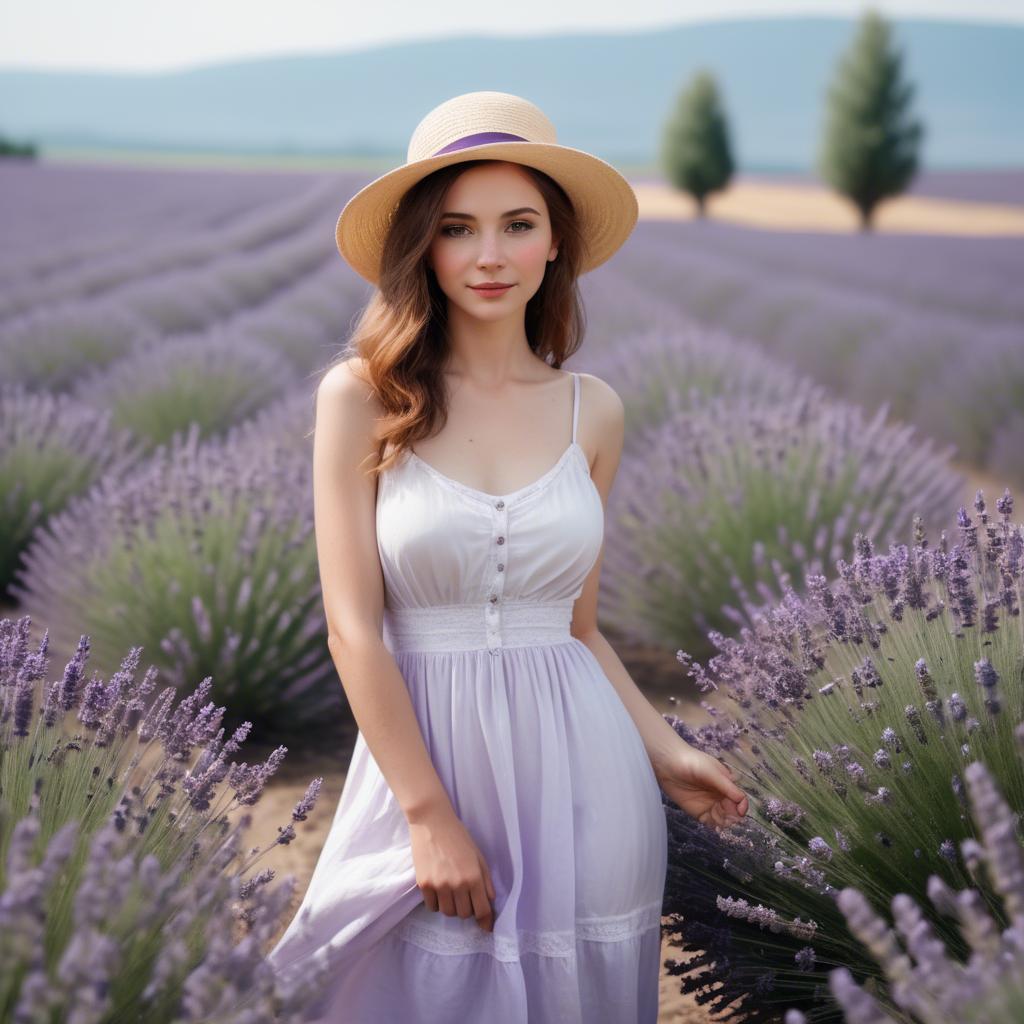 A stunning image of charming lady in a white sundress in a lavender field.