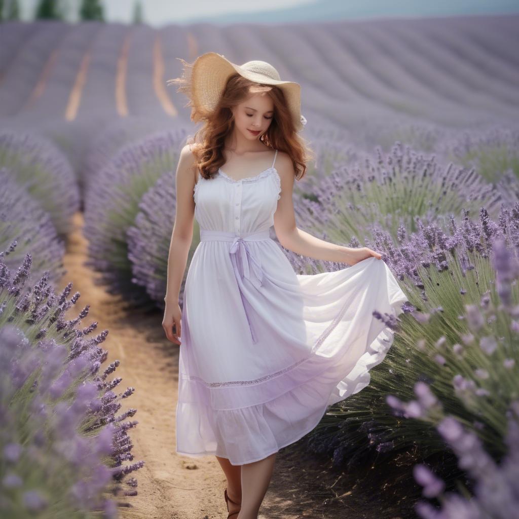 A stunning image of charming lady in a white sundress in a lavender field.