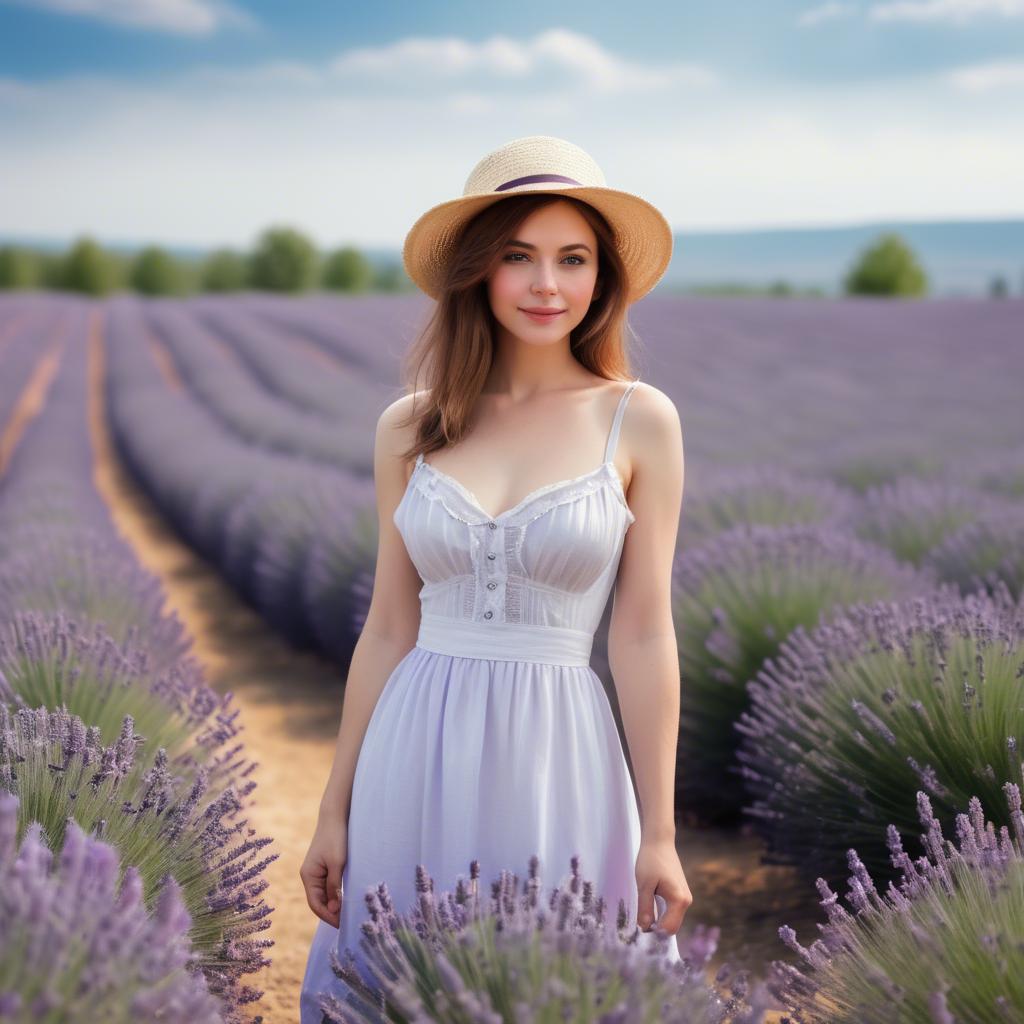 A stunning image of charming lady in a white sundress in a lavender field.