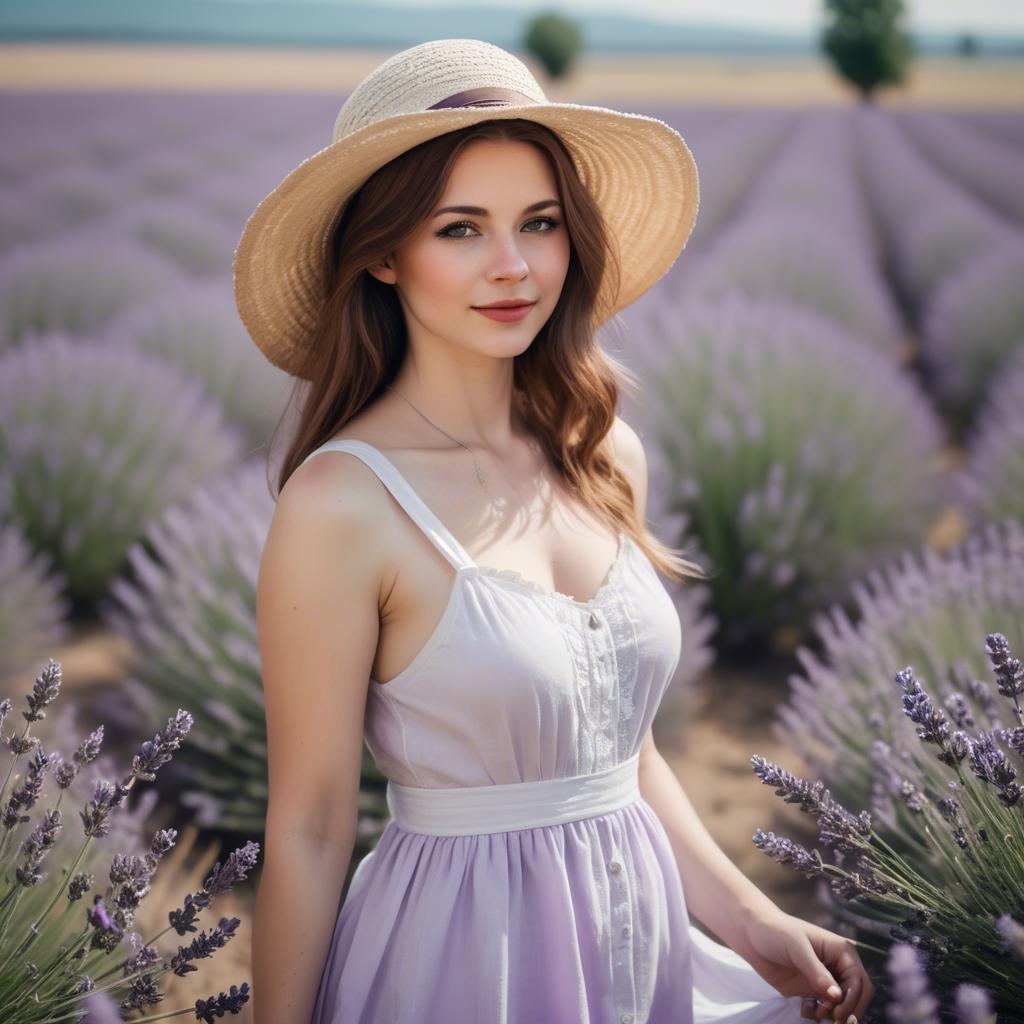 A stunning image of charming lady in a white sundress in a lavender field.