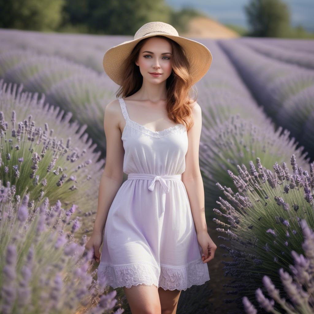 A stunning image of charming lady in a white sundress in a lavender field.