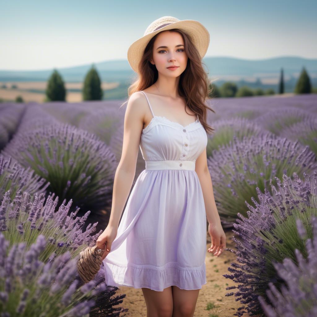 A stunning image of charming lady in a white sundress in a lavender field.