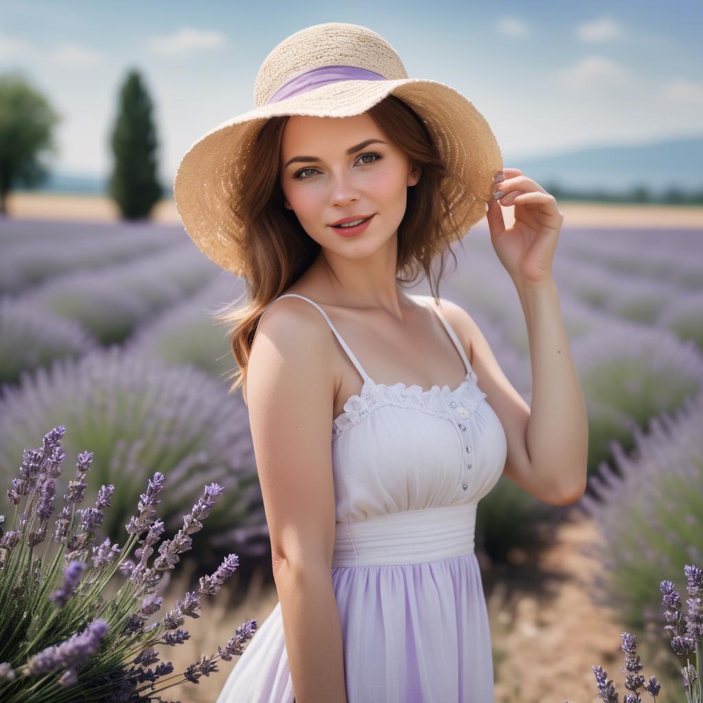 A stunning image of charming lady in a white sundress in a lavender field.