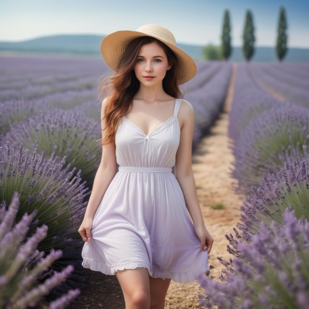 A stunning image of charming lady in a white sundress in a lavender field.