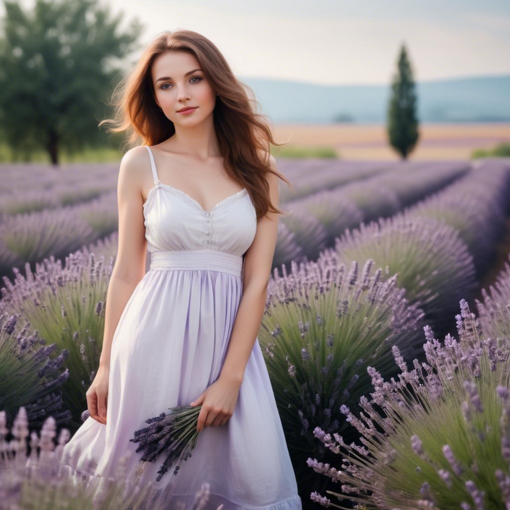 A stunning image of charming lady in a white sundress in a lavender field.