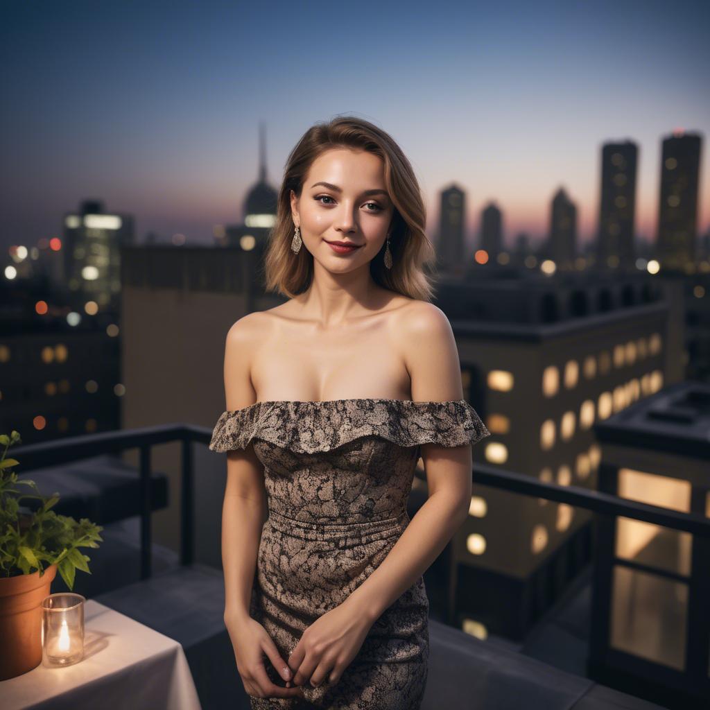 A stunning image of charming lady in an off-shoulder dress at a rooftop party.