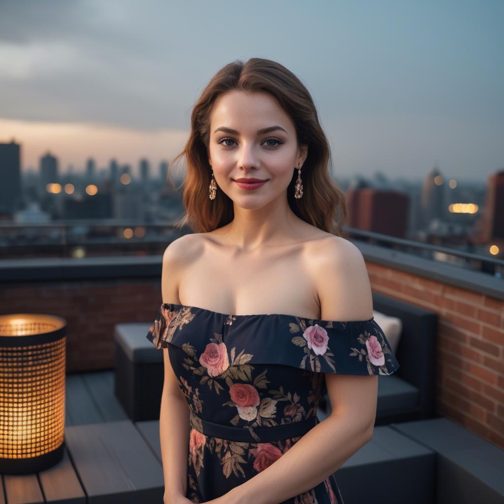 A stunning image of charming lady in an off-shoulder dress at a rooftop party.