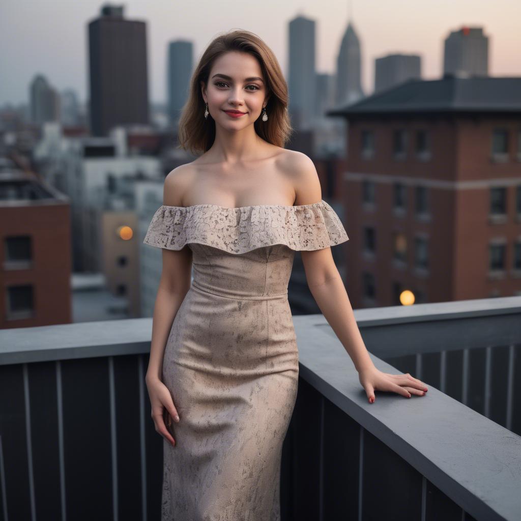 A stunning image of charming lady in an off-shoulder dress at a rooftop party.