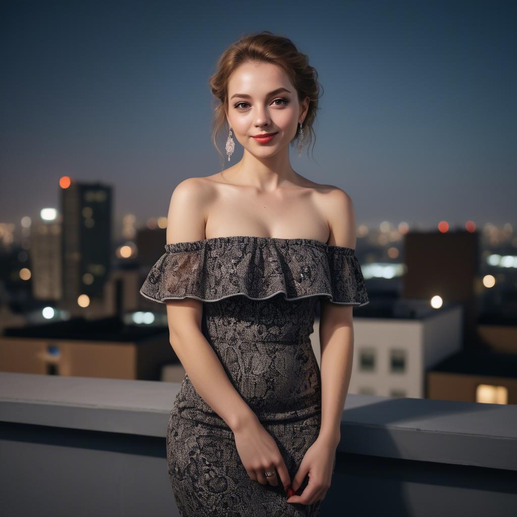 A stunning image of charming lady in an off-shoulder dress at a rooftop party.