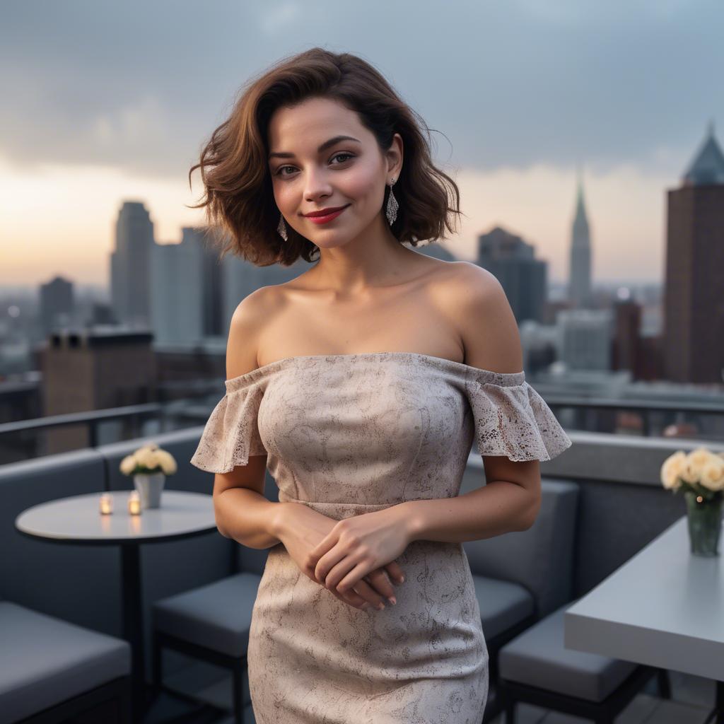 A stunning image of charming lady in an off-shoulder dress at a rooftop party.