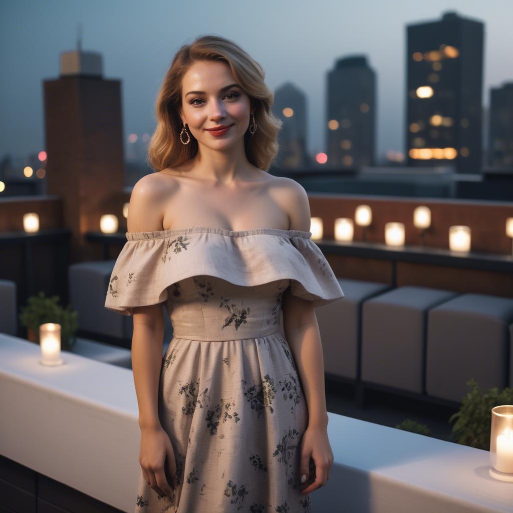 A stunning image of charming lady in an off-shoulder dress at a rooftop party.