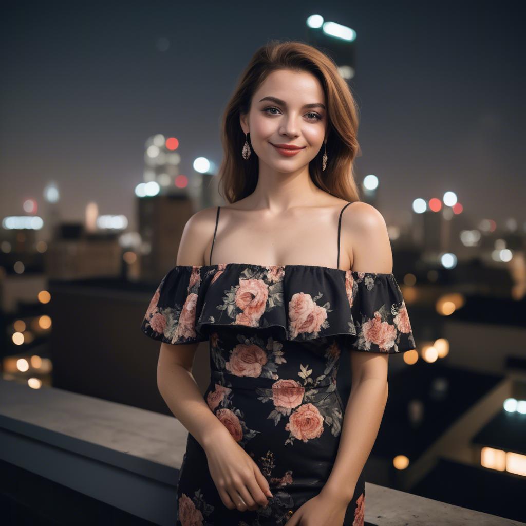 A stunning image of charming lady in an off-shoulder dress at a rooftop party.