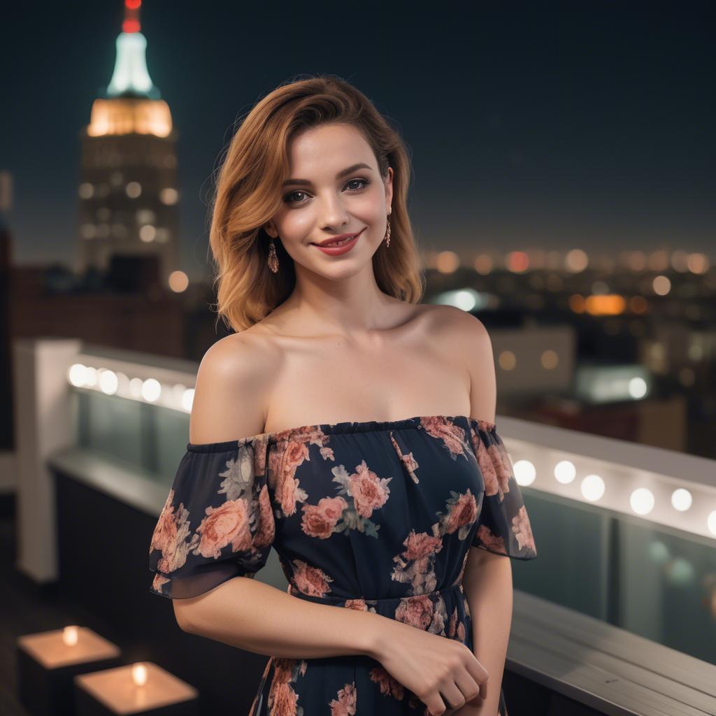 A stunning image of charming lady in an off-shoulder dress at a rooftop party.